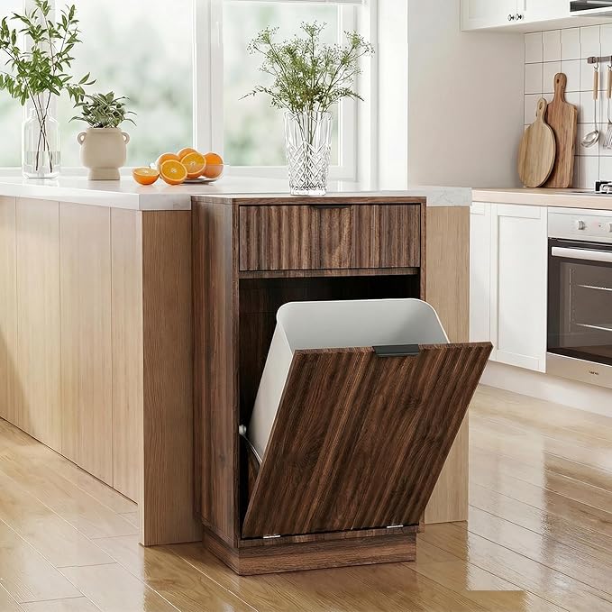 Tilt-Out Trash Cabinet with 10-Gallon Capacity, Walnut Laundry Hamper Cabinet, 34.3 x 19 x 13.8 inches, Wave-Textured Front.