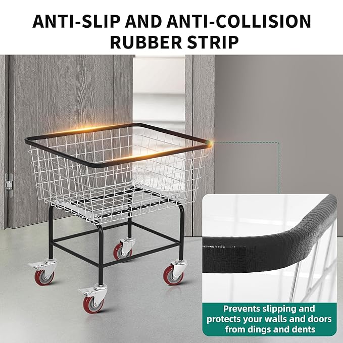 Extra-Large Rolling Laundry Cart with Wheels Holds 4 Washer Loads, Wire Laundry Basket, Heavy-Duty Steel Storage Basket with Galvanized Finish, for Commercial or Home Laundry