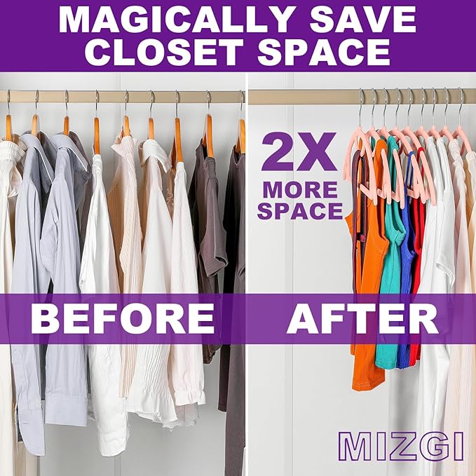 MIZGI Premium Velvet Hangers 50-Pack,No Shoulder Bump Hangers W/Tie Bar Ultra Thin Space Saving Non Slip Hanger Heavy Duty Felt Rounded Clothes Hanger for Sweaters,Coat,Jackets,Pants,Shirts