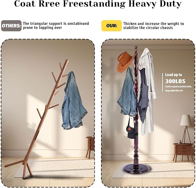 Solid Wooden Coat Rack Stand, Freestanding Coat Racks Tree with 20 Metal Hooks and 3 Adjustable Heights, Coat Hanger Stand with Sturdy Base for Coats,Hats,Bags, Living Room Bedroom Entryway Use