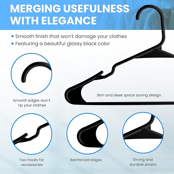 Simple Deluxe 30 Pack Plastic Hangers, Slim Space Saving Clothes Hangers for Closet Organization, Heavy Duty Coat Hanger for Pants, Suit, Shirts, Sweater, Black