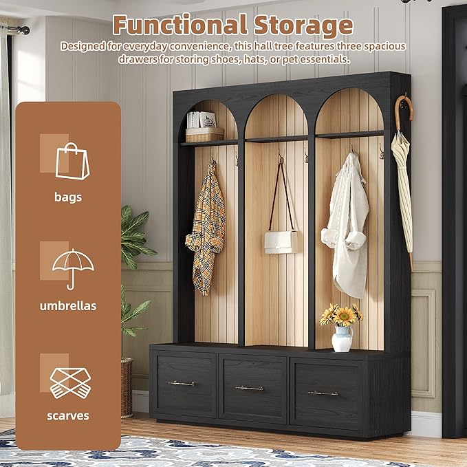 Farmhouse Hall Tree with Three Arched Design, All-in-One Design Wooden Coat Rack & Shoe Organizer with 3 Drawers, 59" Wide Entryway Bench with 8 Retro Hooks for Mudroom, Living Room (Black//538)