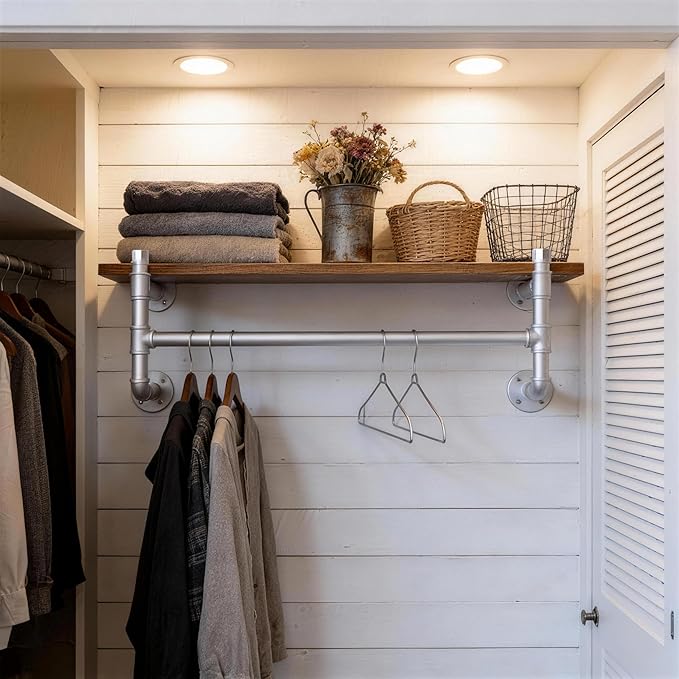 WEBI Wall Mounted Clothes Rack with Shelf,30" Industrial Pipe Clothing Rack with Shelf with Hanging Rod,Heavy Duty Iron Garment Rack Bar,Retail Display Clothes Rod for Laundry Room,Closet,Silver