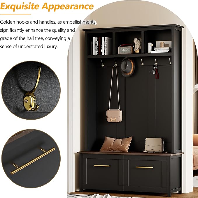 Modern Hall Tree with 6 Golden Hooks, Wood Entryway Coat Hanger with Brown Wood Grain Storage Bench and Top Open Storage Shelves, Versatile 4-in-1 Entryway Coat Rack for Entrance Hallway (Black-9.8)