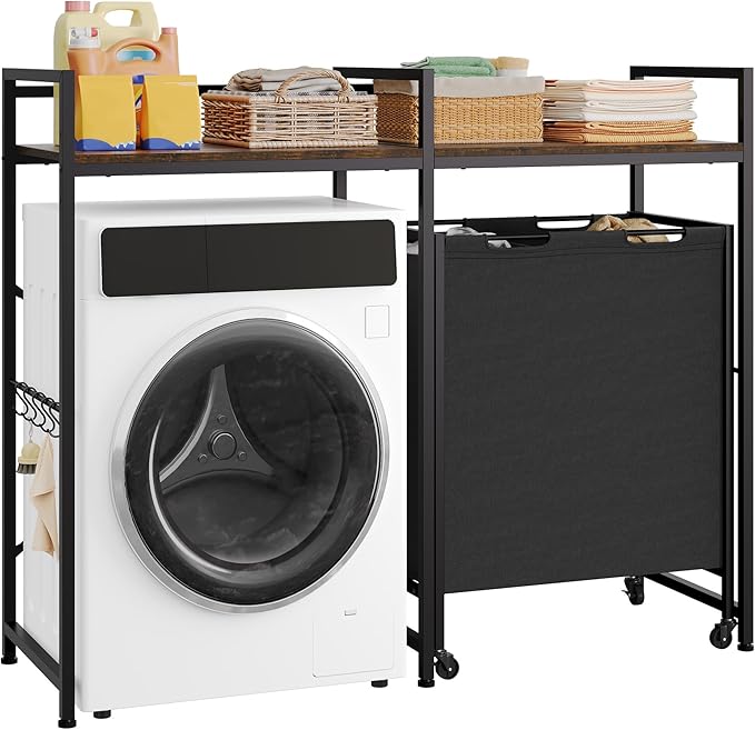 DWVO Over Washer and Dryer Shelves, Standing Shelf with Wheels 68.7 Gal Rolling Laundry Hamper with Shelf/Hooks, Over Washer Storage Portable Laundry Cart Bathroom Organization, 55" H x 47.20" W