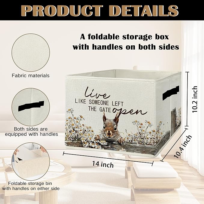 Rustic Squirrel Storage Bins & Boxes with Handles, Farmhouse Squirrel Foldable Basket for Organizing, Live Like Someone Left the Gate Open Collapsible Storage Basket for Bedroom Bathroom Clothes