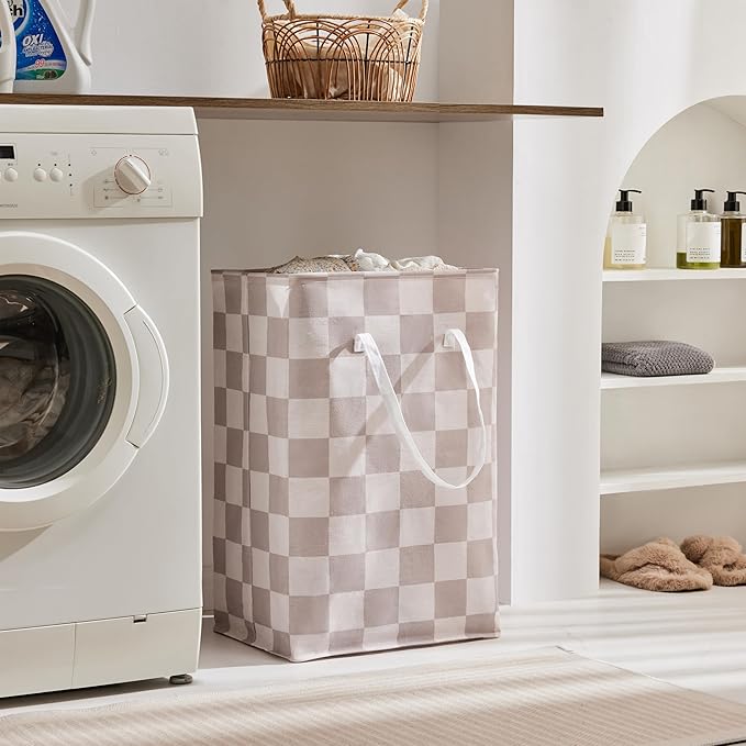 Checkered Laundry Hamper, Pack of 2, Large Beige Khaki Collapsible Cloth Hampers Basket for Storage Organization Cute Aesthetic, 2 x 75L