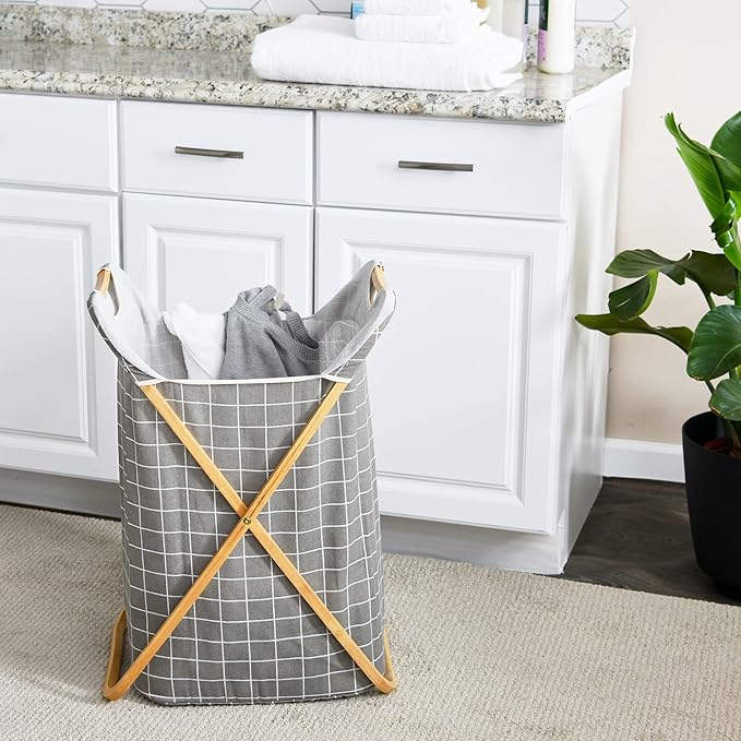 Household Essentials Bamboo X Frame Hamper with Grid Pattern, Gray