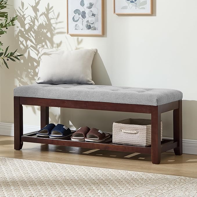 Shoe Bench Entryway, 44" End of Bed Bench,Upholstered Linen Bench for Living Room,Fabric Ottoman Bench with Solid Wood Shelf for Bedroom, Entrance Lightgrey