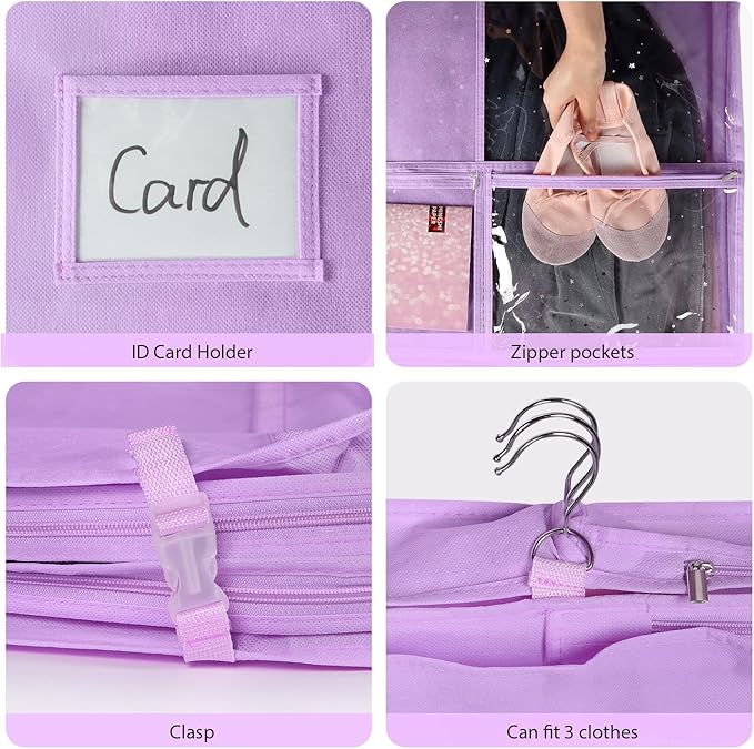 Univivi 40 Inch Kids Garment Bags for Dance Costumes, 3 Medium Clear Zipper Pockets and 2 Back Zippered Pockets for Hanging Clothes, Travel Storage - Purple