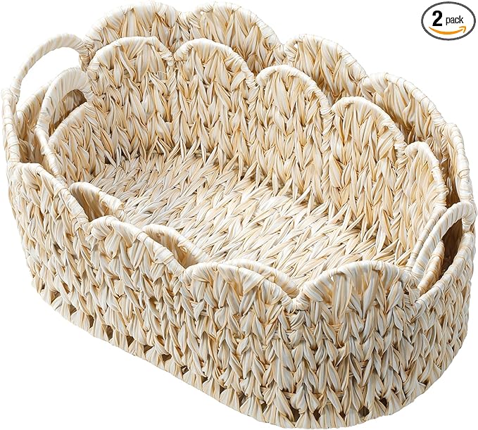 Wicker Scalloped Basket Set of 2,Woven Storage Baskets for Shelves,Closet,Laundry,Gifts,Towels,Books,Toys,Waterproof Boho Decor Basket for Organizing