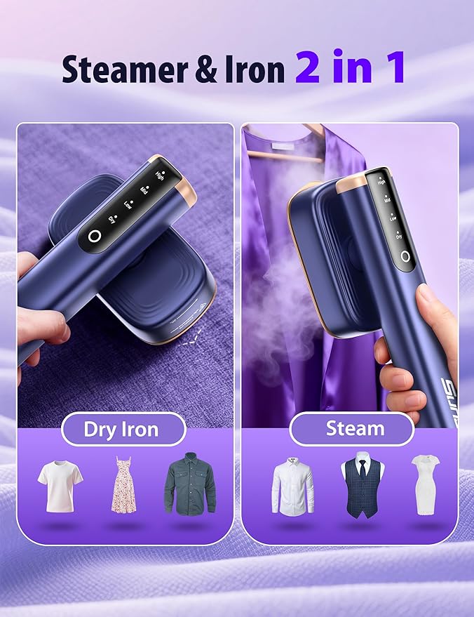 Travel Steamer for Clothes with 180 ml Water Tanks,15s Fast Heat-up,24 g/min Strong Steam Performance, Portable Garment Steamer with Touch Control, LED Display, Steam Iron(Blue Gold)