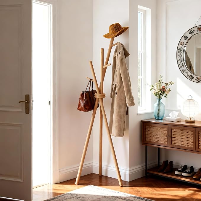VICITON Wooden Coat Rack, Tripod Coat Tree Freestanding with 3 Hooks for Clothes, Hats and Handbags, Coat Hanger Stand for Bedroom, Living Room, Entryway (Light)