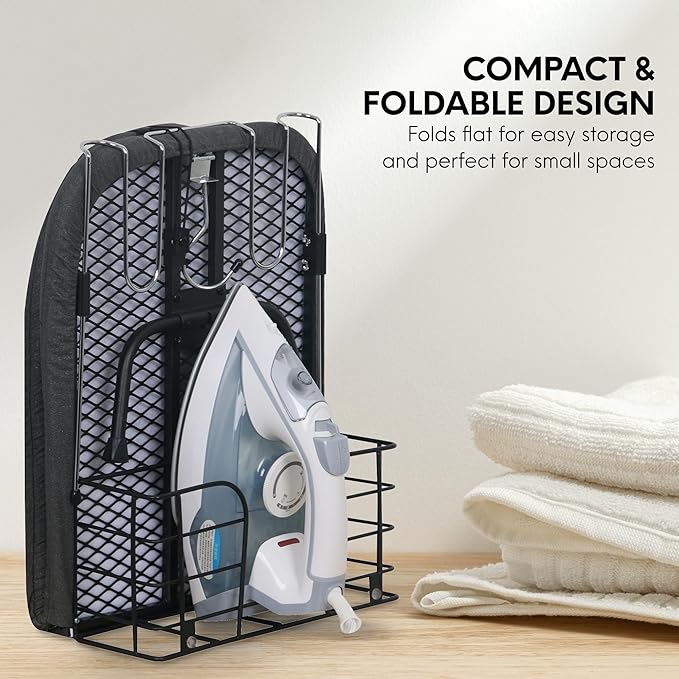 Ironing Board with Cover and Pad – Small Folding Board, Compact Tabletop Ironing Board Foldable with Padding, Portable Adjustable Heavy Duty Iron Board with Iron Holder for Clothes and Laundry