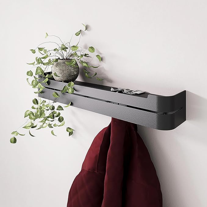 Wall Coat Rack with Floating Shelf – Modern Design in Black Metal – Coat Rack Entrance, Hallway, Bathroom or Bedroom – Bathroom Wall Shelf without Drilling or Screwing – Kitchen Wall Shelves