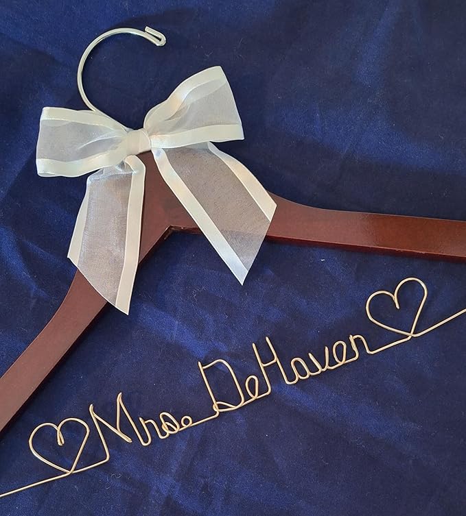 Bride Wedding Hanger for Dress Bride Name Mrs Silver, Gold Wire Writing - Dark Wood or White Wood Hanger with Notches Choice of 10 Bow Colors with or Without Wedding Date, Graduation Gown