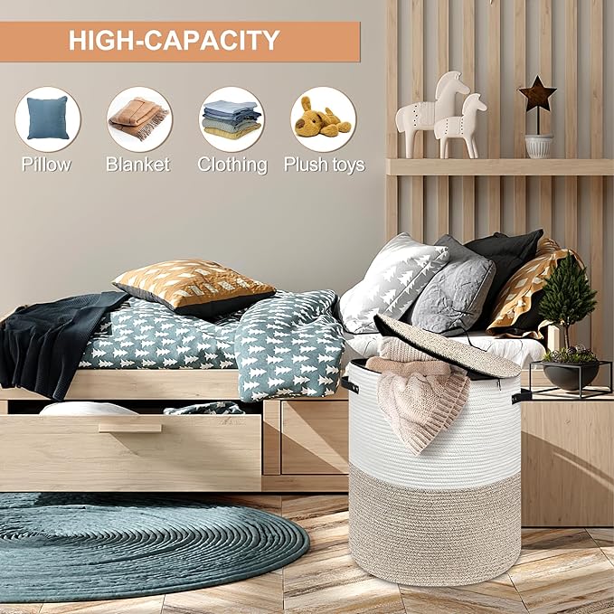 Laundry Hamper with Lid, Large Woven Laundry Basket，Blanket and Toy Storage Basket for Living Room, Bedroom, Bathroom, Nursery (Brown with Zipper, 55L)