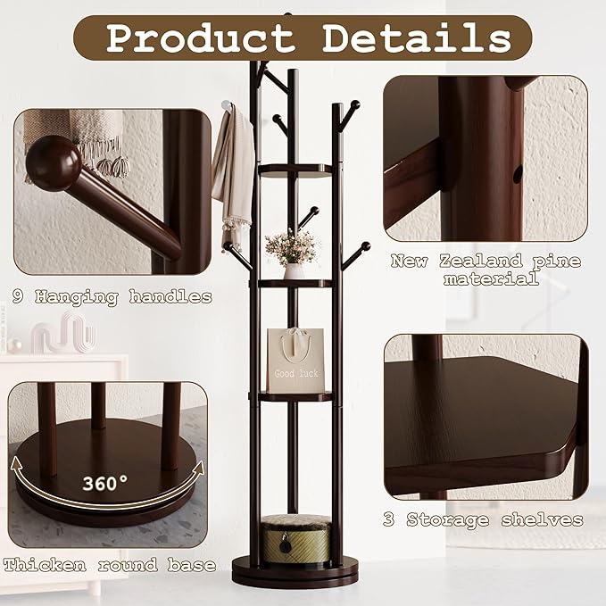 Solid Wood Coat Rack Freestanding, Rotating Coat Rack with 3 Shelves and 9 Hooks, Coat Tree for Bedroom, Entryway, Livingroom, Coat Hanger Stand for Coats, Scarves, Handbags (Brown)