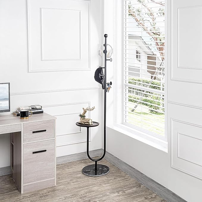 Coat Rack Freestanding with Table & 6 Hooks, Corner Coat Tree, Heavy-duty Marble Base Coat Rack Stand for Bedroom Living Room Office Entryway 13.78 x 13.78 x 68.11 Inches (Black)