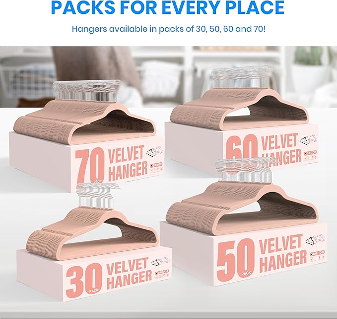 YSSOA Velvet Hangers 60 Pack, Non-Slip Clothes Hangers with Shoulder Notches, 360° Swivel Hooks, Heavy Duty Standard Hanger for Closet Space Saving, Pink