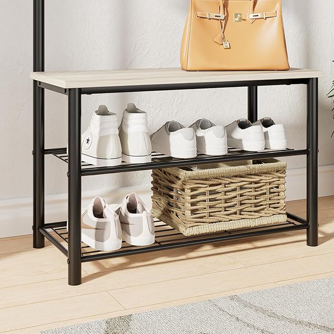 Hall Tree with Bench and Shoe Storage, 3-in-1 Coat Rack, Freestanding Wooden Coat Rack with Shoe Bench with Metal Frame, 3-Tier Storage Shelf and 9 Removable Hooks, Greige