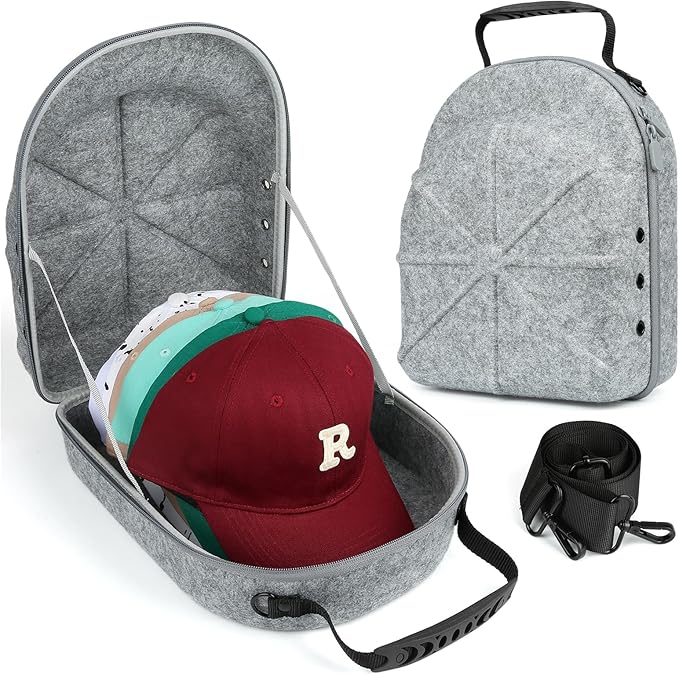 Hard baseball hat case, Hat Carrier Travel Case with Adjustable Shoulder Strap, Hat cap case for 6 Baseball Caps - Perfect for Traveling (Grey)