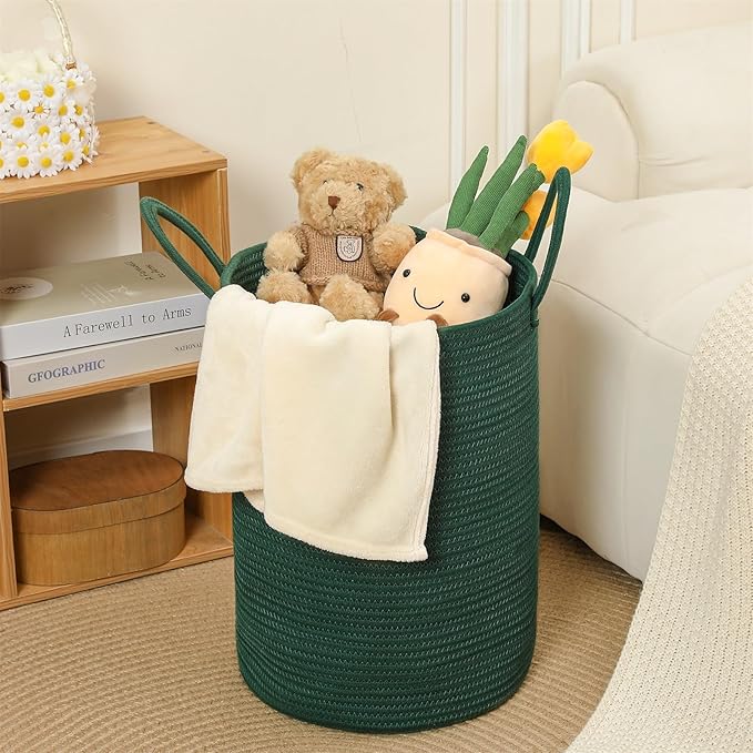 40L Woven Laundry Basket Hamper, 100% Natural Cotton Rope, Handwoven & Durable, Storage for Blankets, Toys, Clothes, Decorative Nursery Hamper for Living Room, Baby Room, Bedroom (Dark Green)
