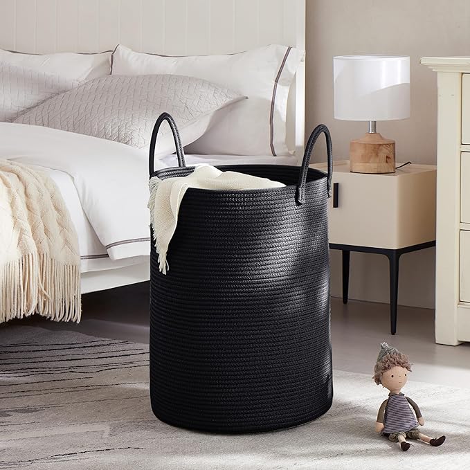 80L Black Woven Rope Hamper Laundry Basket for Clothes Tall Modern Blanket Storage Basket in Living Room Bedroom Extra Large