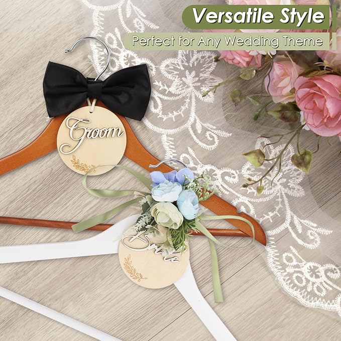 Bride & Groom Hanger - 2 Pack Personalized Name Tags, Dark & White Wood Bridal Dress Hanger, Ideal Keepsake for Wedding Day Photos & Gift