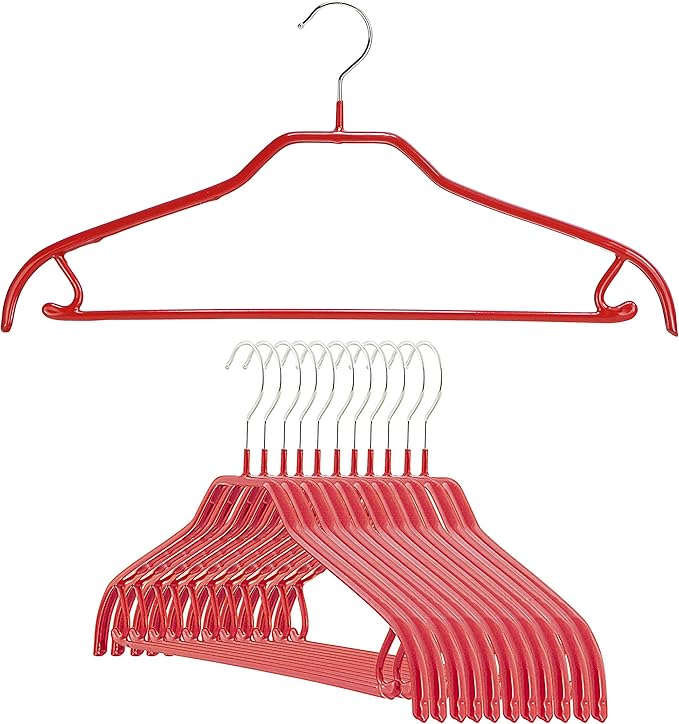 Mawa by Reston Lloyd Silhouette Series Non-Slip Space Saving Clothes Hanger with Bar & Hook for Pants and Skirts, Style 41/FRS, Set of 12, Red