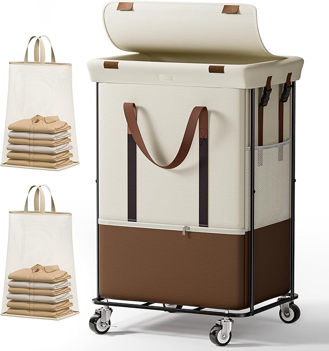 150L Rolling Laundry Basket with Wheels, Double Laundry Hamper with Lid and 2 Removable Bags, 2 Section Large Dirty Clothes Hamper for Laundry Room Bedroom Bathroom Dorm 19.7"Wx15.7"Dx31.9"H, White