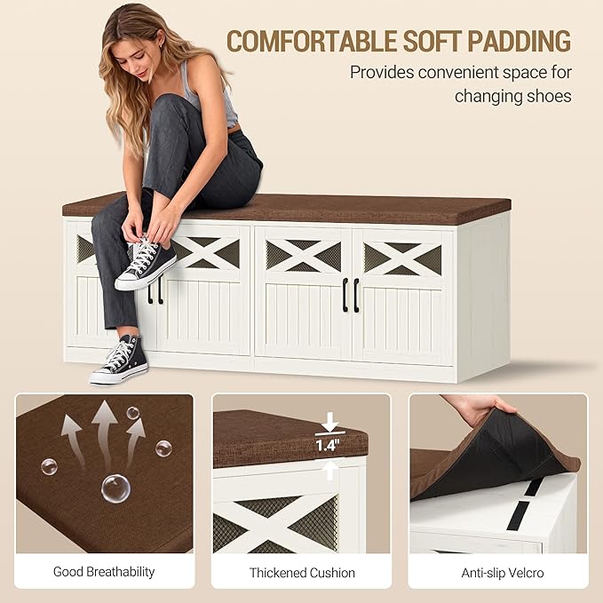 2 Tier Shoe Storage Bench with Doors, 47.2" Farmhouse Shoe Bench with Padded Cushion, 12 Pairs of Bed End Bench, Entryway Bench with Storage for Bedroom, Living Room, Rustic White SB61214KA