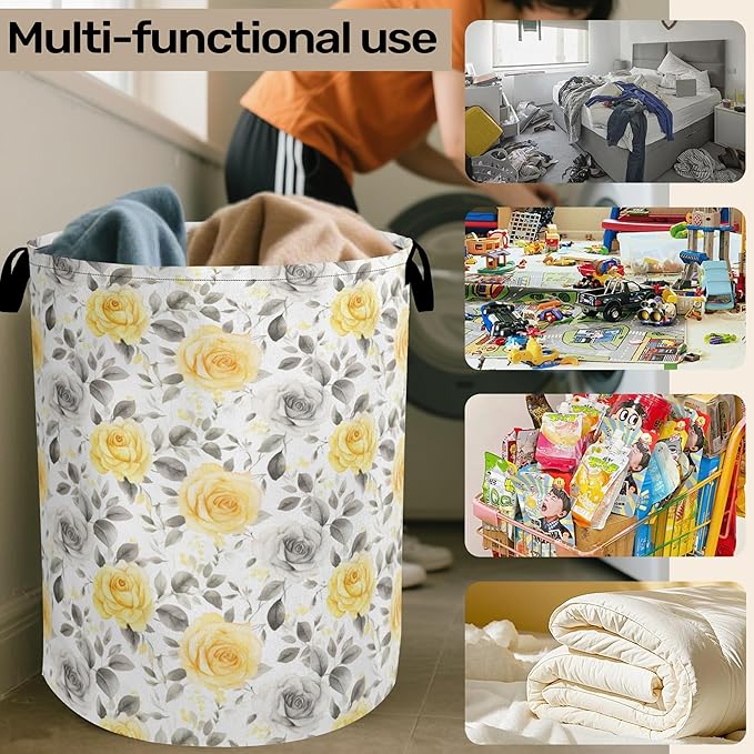 Yellow Gray Flowers Large Clothes Hamper Bag - Laundry Basket with Handles, Space Saving Foldable Design for Nursery
