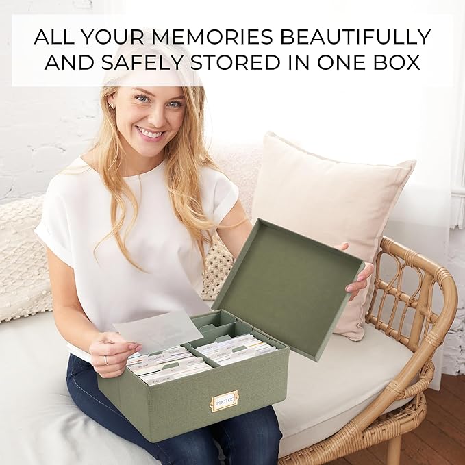 ZICOTO Decorative Photo Storage Box - Sturdy Linen Photo Organizer with Dividers is Perfect to Store Up to 1700 Pictures and 4x6 Photos - Portable Scrapbook Storage Containers with Lid