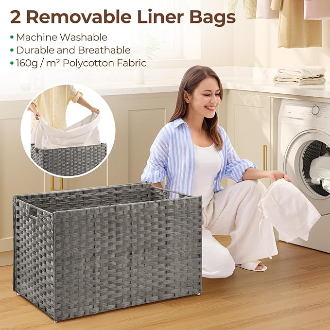 GREENSTELL Storage Basket with Lid, 42.3 Gallon(160L) Lagre Wicker Blanket Storage Basket with Handles, Foldable, 2 Removable Liner Bags, Metal Frame, for Bedroom, Laundry Room, Grey,30"*18.1"*18.1"