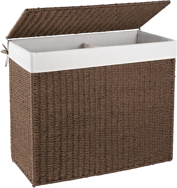 OIAHOMY Large Laundry Hamper with Lid, 35.7 Gal (140L) Wicker Hamper with Removable Liner Bag, Handwoven Clothes Basket with Handles, Foldable Paper Rope Basket for Laundry Room, Bedroom-Brown
