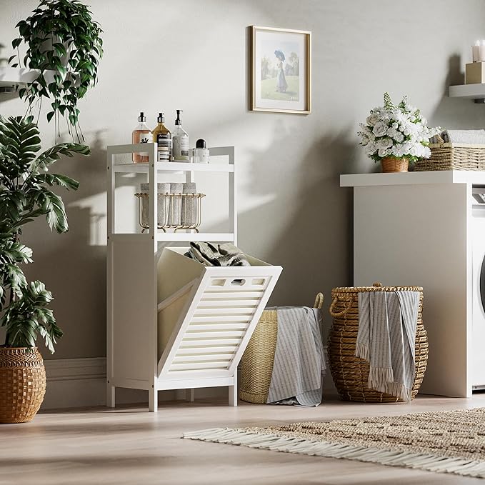 HITNET Bamboo Tilt Out Hamper, Bathroom Laundry Cabinet with Hidden Foldable Basket, Freestanding Clothes Storage Organizer with Storage Shelf, White
