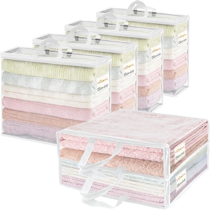Vieshful 6 Pack Clear Storage Bags for Clothes, 17.7" × 14.96" × 5.1" Clear PVC Mesh Clothing Organizers with Zipper for Sheets, Blankets, Sweater, Toys & Closet Storage, 22L White