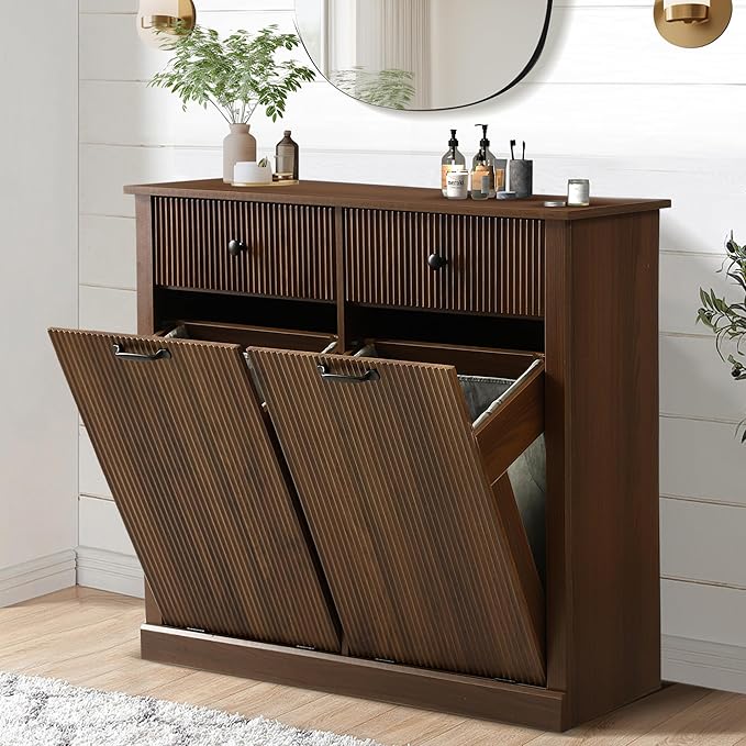 Modern Double Tilt Out Laundry Hamper Cabinet, Fluted Hidden 22 Gallon Garbage Cabinet with Laundry Storage Baskets, Wooden Trash Can Cabinets with Drawers (Brown, 13"D x 39"W x 36"H (Full))