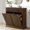 Modern Double Tilt Out Laundry Hamper Cabinet, Fluted Hidden 22 Gallon Garbage Cabinet with Laundry Storage Baskets, Wooden Trash Can Cabinets with Drawers (Brown, 13"D x 39"W x 36"H (Full))