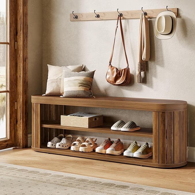 Tribesigns 47.2" Wooden Entryway Bench with 2-Tier Shoe Storage, Farmhouse Dining Bench with Adjustable Foot Pads, End of Bed Stool for Bedroom, Hallway, Living Room, Dining Room, Rustic Brown