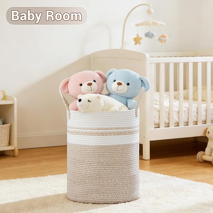 Tall Laundry Basket with Handles, 53L Portable Dirty Clothes Hamper, Boho Cotton Rope Storage Bin for Blankets Kids Toys Gifts, Decorative Organizer for Nursery Bedroom Bathroom, New Brown