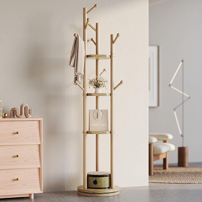 Solid Wood Coat Rack Freestanding, Rotating Coat Rack with 3 Shelves and 9 Hooks, Coat Tree for Bedroom, Entryway, Livingroom, Coat Hanger Stand for Coats, Scarves, Handbags (Natural)
