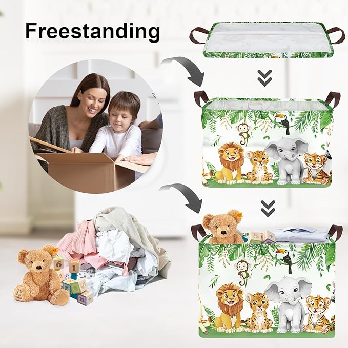 Clastyle Safari Animal Laundry Basket Leaf Kids Clothes Book Storage Basket Gift Toy Box for Bedroom Decor,Elephant Lion Giraffe,40x30x30 cm