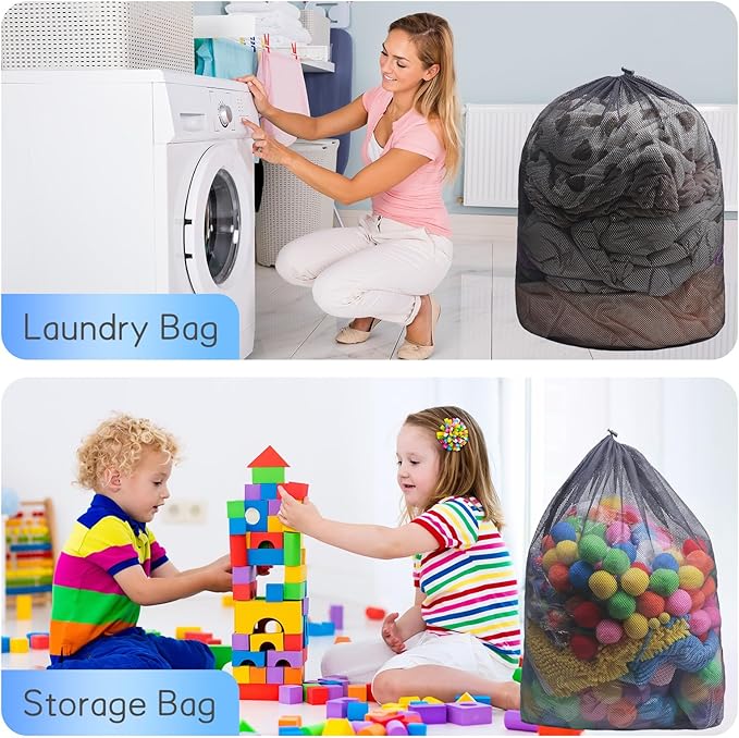2 Pack Mesh Laundry Bags, Large Laundry Drawstring Bag Heavy Duty Large Mesh Laundry Bag with Drawstring Closure for College, Dorm, Travel, Family and Apartment Dwellers, Black