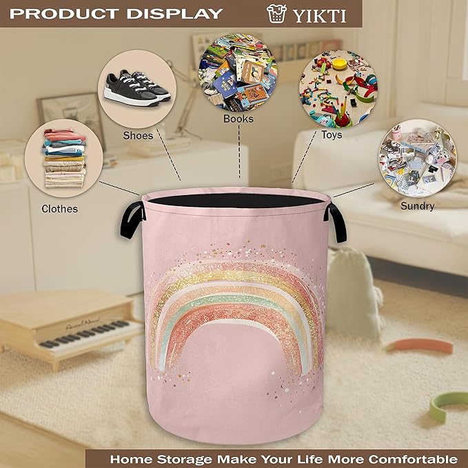 Glitter Rainbow Laundry Hamper,Girls Princess Pink Clothes Hamper for Laundry,Waterproof Oxford Toy Storage Collapsible Hampers for Bedroom, Dorm Room,Bathroom,16x20 Inch