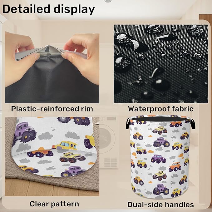 Vehicle Pattern Foldable Canvas Laundry Basket with Handles - Toy Organizer, Heavy Duty for Home，Bedroom, Dorm, Bathroom