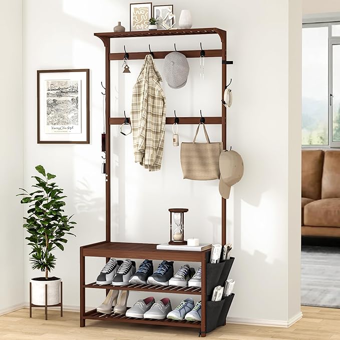AMBIRD Hall Tree with bench and shoe storage, Entryway Bench with shoe storage, 6-in-1 Coat Rack with Cloth Bag and 12 Coat Hooks, Sturdy Bamboo Frame, Brown 31 * 15 * 70 Inches