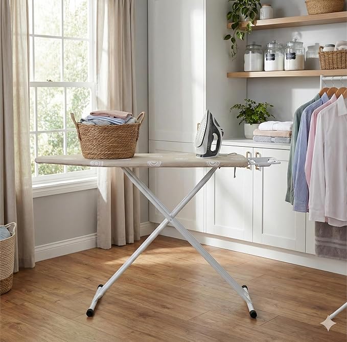 Beige T-Leg Ironing Board with Cotton Cover, 53" x 14" Ironing Board Foldable,Height Adjustable,Home Use