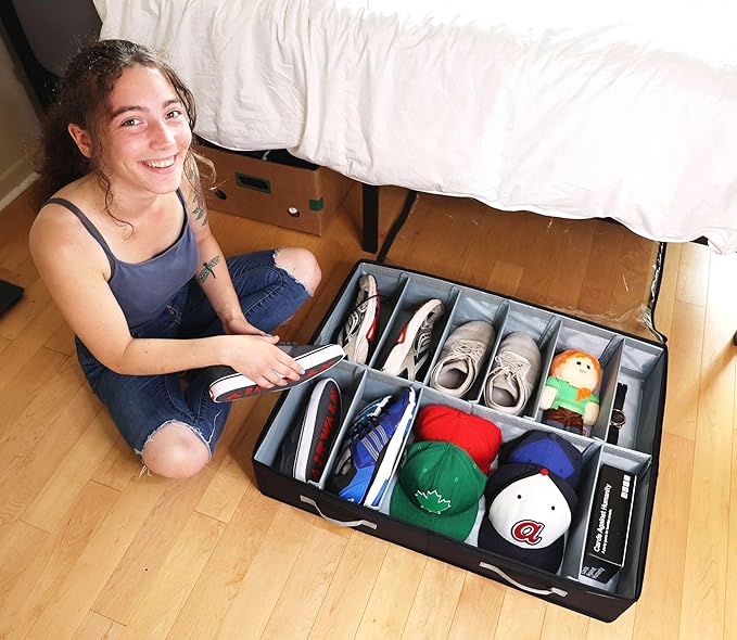 Under Bed Shoe Storage, A Sturdy Closet and Under Bed Storage, Multi-Functional Storage Organizer Solution,with Clear Silk PVC Cover and Adjustable Dividers.